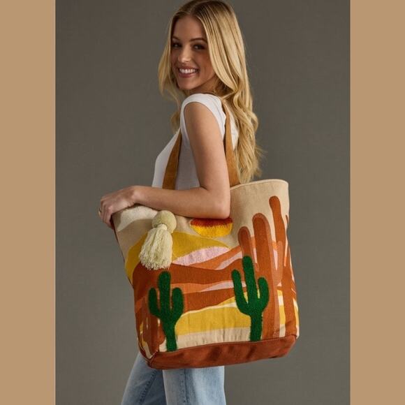 Desert Scene Tote Bag Southwest Cactus Pom Tassel Cotton Boho Western NEW - Picture 1 of 8